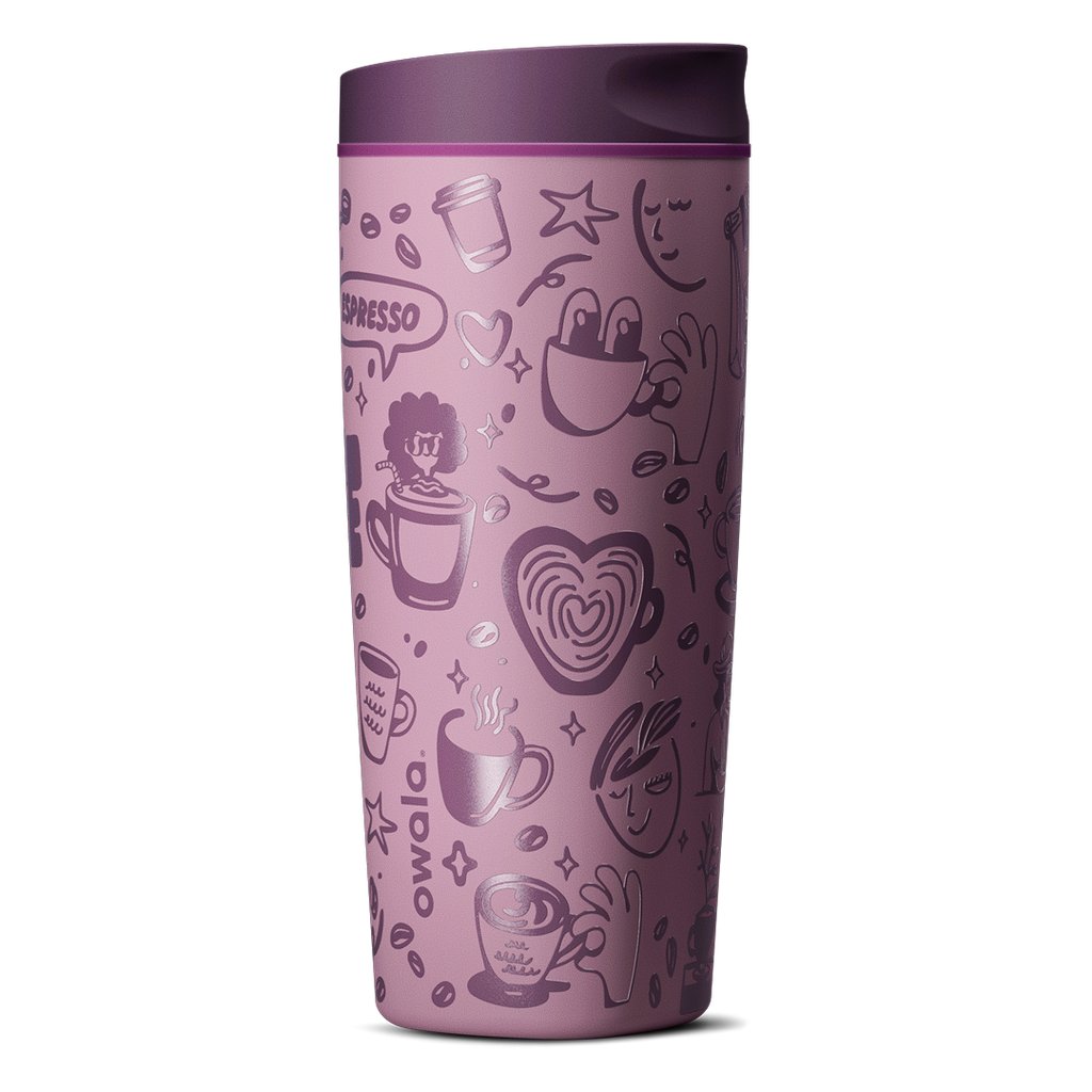 SmoothSip Slider 20oz, mauve purple body with coffee-themed illustrations, dark purple lid with mauve slider button