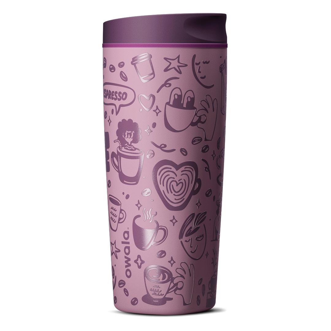 SmoothSip Slider 20oz, mauve purple body with coffee-themed illustrations, dark purple lid with mauve slider button