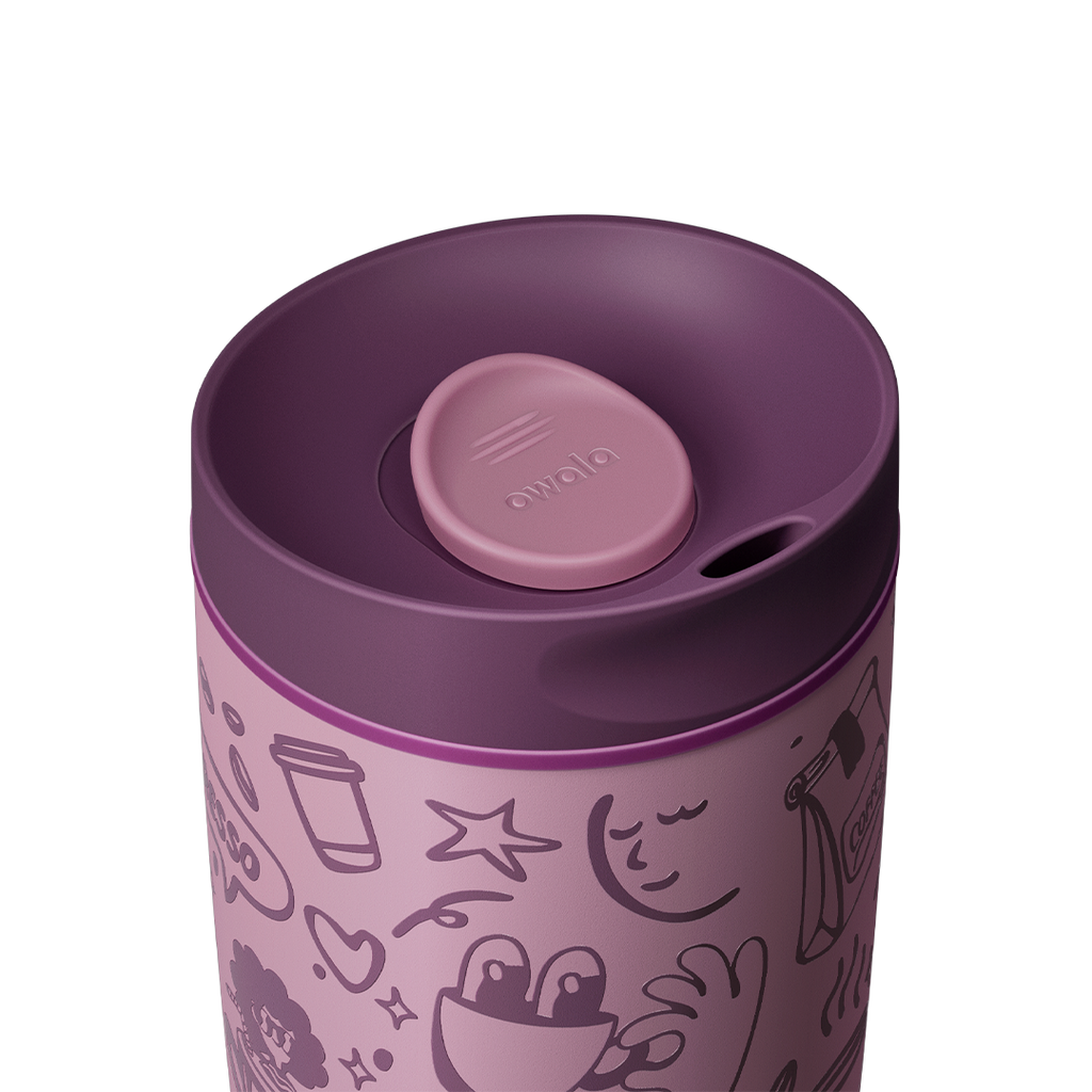 SmoothSip Slider 20oz top-down view, dark purple lid with mauve slider button slid open revealing the sip hole