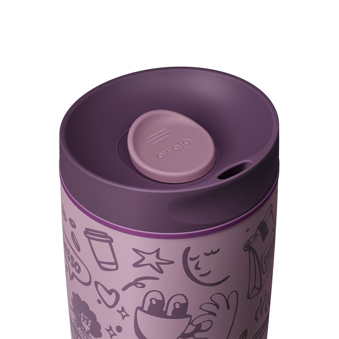 SmoothSip Slider 20oz top-down view, dark purple lid with mauve slider button slid open revealing the sip hole