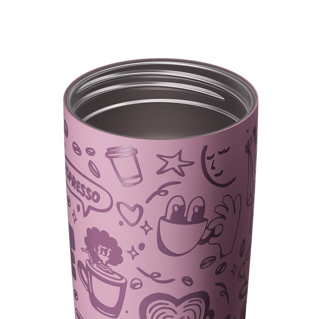 SmoothSip Slider 20oz with lid removed, showing stainless steel interior and mauve purple body with coffee-themed illustrations