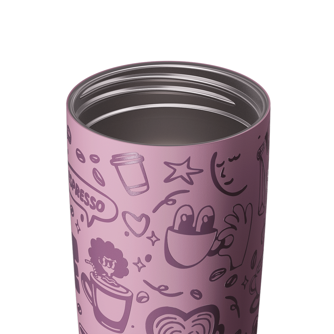 SmoothSip Slider 20oz with lid removed, showing stainless steel interior and mauve purple body with coffee-themed illustrations