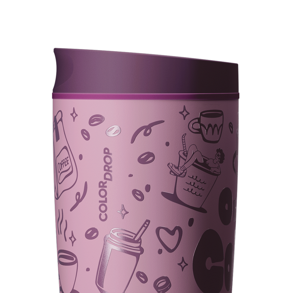 SmoothSip Slider 20oz close-up, mauve purple body with coffee-themed illustrations and Color Drop wordmark, dark purple lid