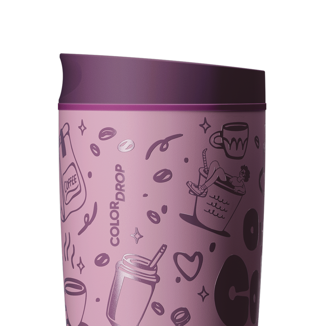 SmoothSip Slider 20oz close-up, mauve purple body with coffee-themed illustrations and Color Drop wordmark, dark purple lid