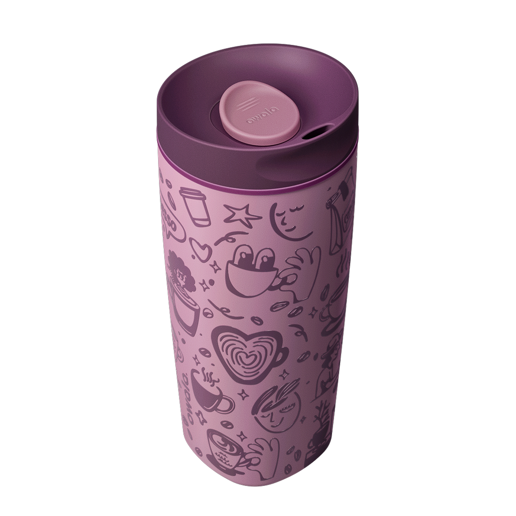 SmoothSip Slider 20oz angled view, mauve purple body with coffee-themed illustrations and dark purple lid with mauve slider button
