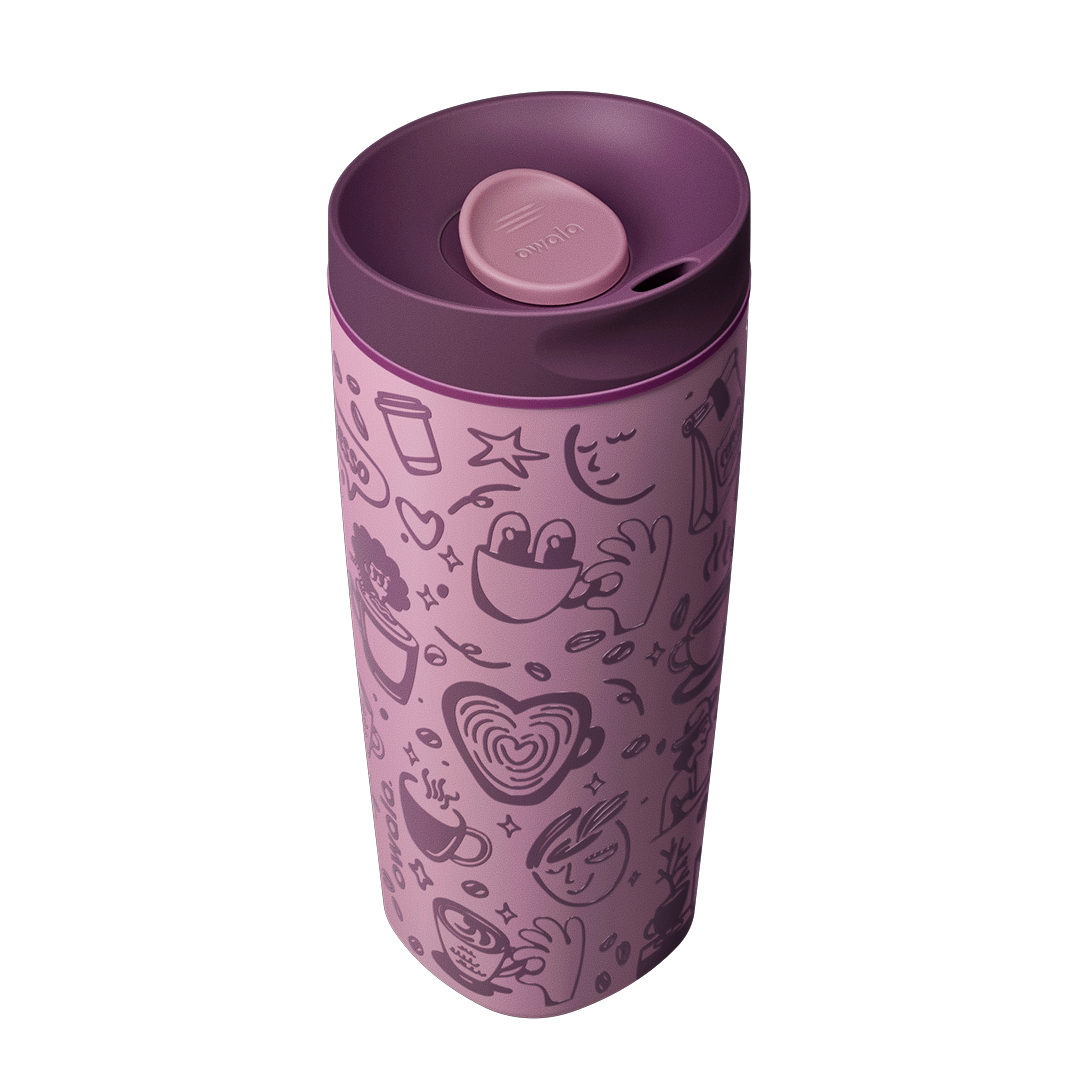 SmoothSip Slider 20oz angled view, mauve purple body with coffee-themed illustrations and dark purple lid with mauve slider button