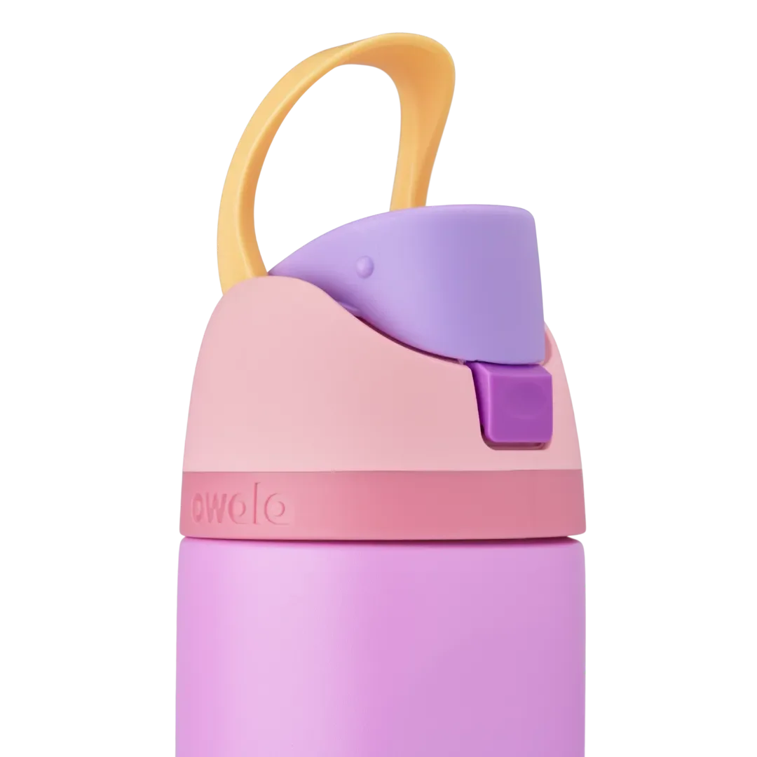 FreeSip Rapunzel Princess Collection lid detail, lilac purple body with peach lid, lavender flip cap, yellow carry loop, and dusty pink accent band