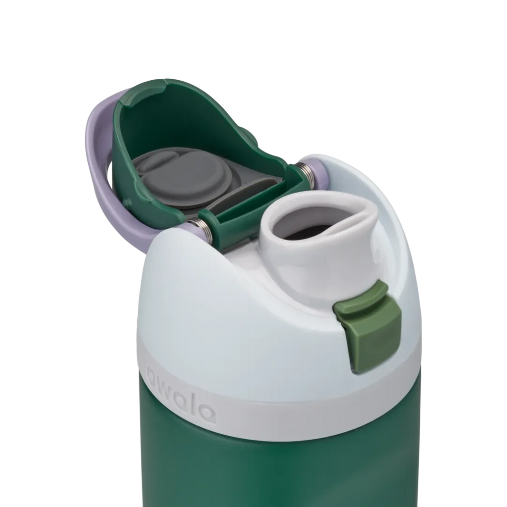 FreeSip 24oz in Great Smoky Mountains, dark forest green insulated stainless steel bottle with white lid, lavender carry loop, dark green flip cap, and olive green push-button, lid open detail