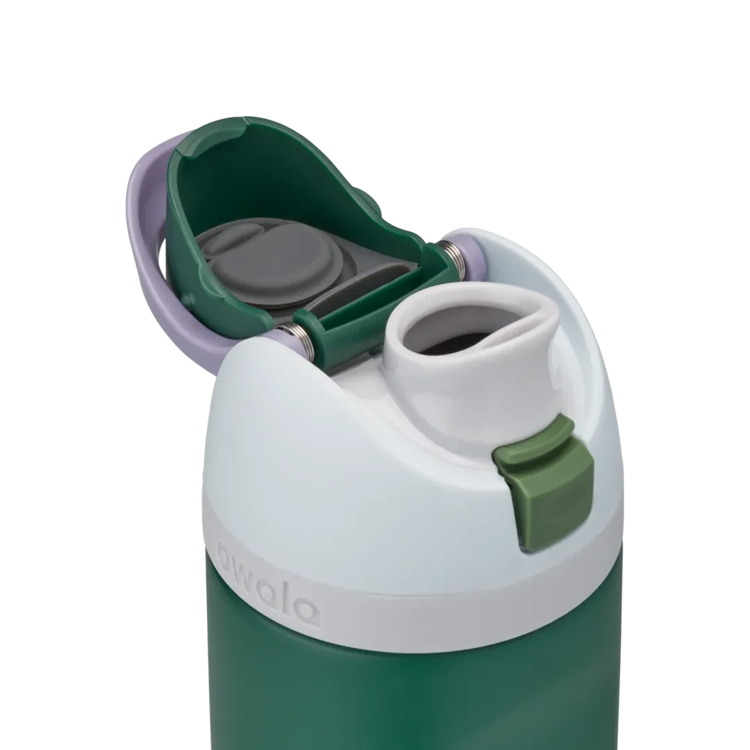 FreeSip 24oz in Great Smoky Mountains, dark forest green insulated stainless steel bottle with white lid, lavender carry loop, dark green flip cap, and olive green push-button, lid open detail