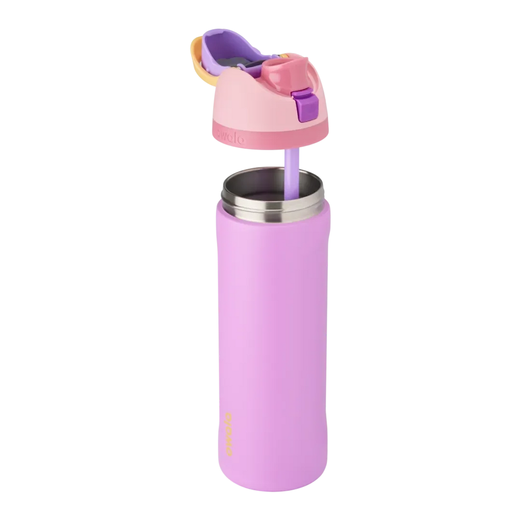 Kids FreeSip in Rapunzel, lilac purple insulated stainless steel bottle with lid lifted off showing stainless steel interior and lavender straw, pink lid with yellow and purple accents