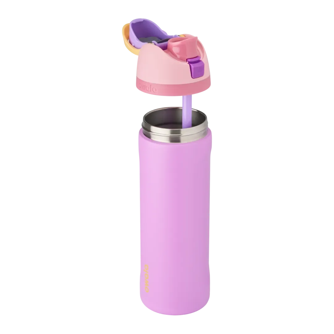 Kids FreeSip in Rapunzel, lilac purple insulated stainless steel bottle with lid lifted off showing stainless steel interior and lavender straw, pink lid with yellow and purple accents