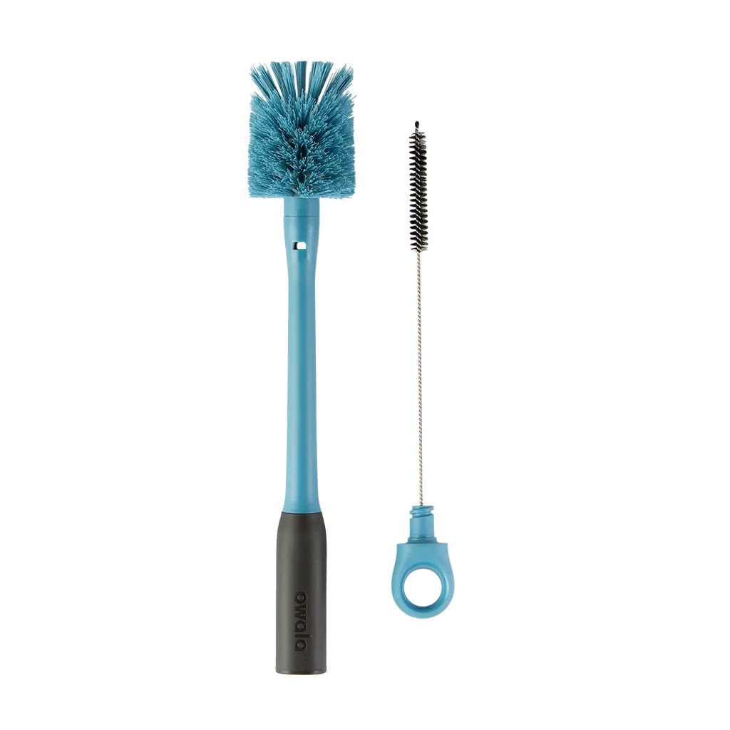 2-in-1 Bottle Brush in teal blue, large bristle brush with teal handle and dark gray grip beside small straw cleaner with teal ring handle