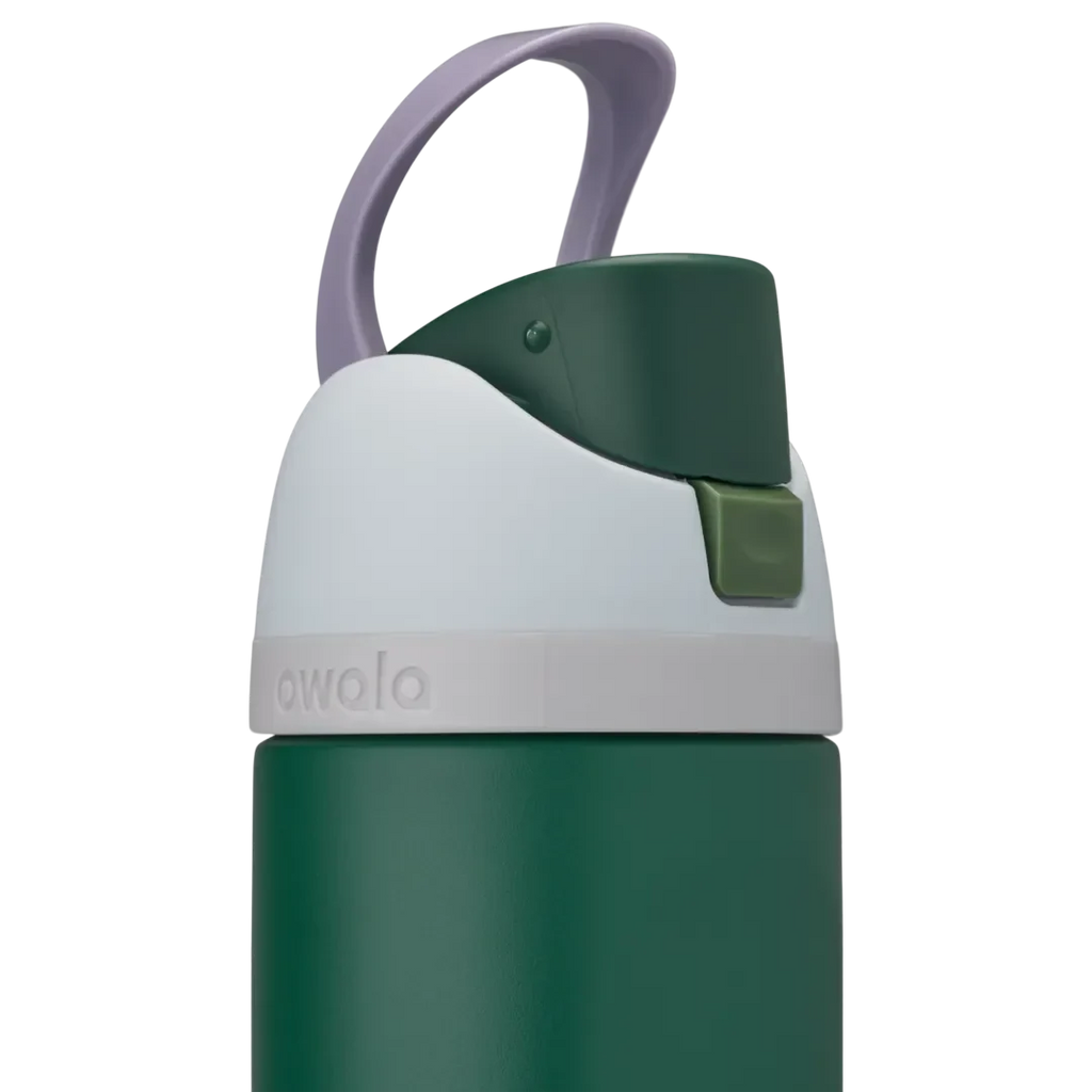 Kids FreeSip 16oz in Great Smoky Mountains, dark forest green insulated stainless steel bottle with white lid, lavender carry loop, dark green flip cap, and olive green push-button