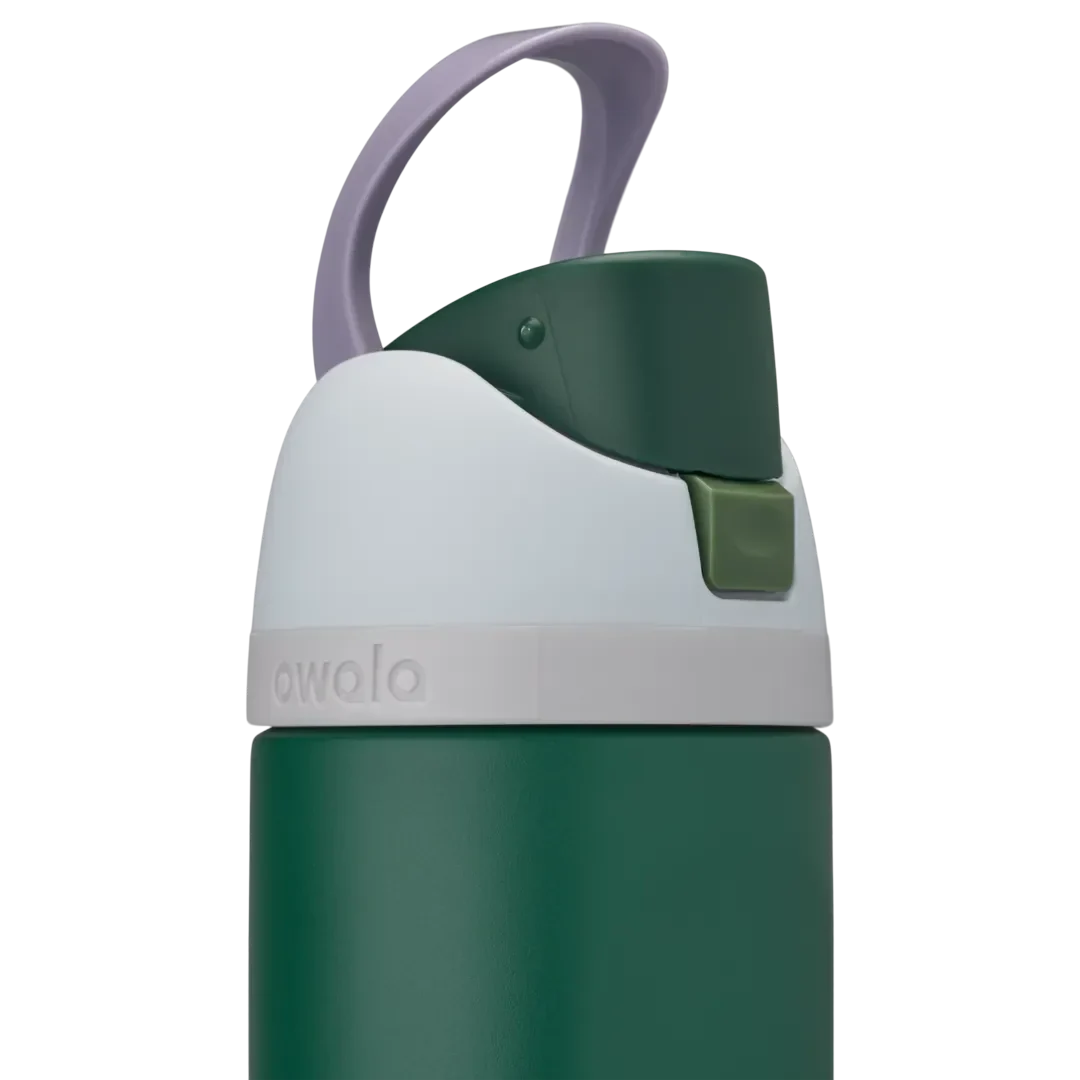 Kids FreeSip 16oz in Great Smoky Mountains, dark forest green insulated stainless steel bottle with white lid, lavender carry loop, dark green flip cap, and olive green push-button