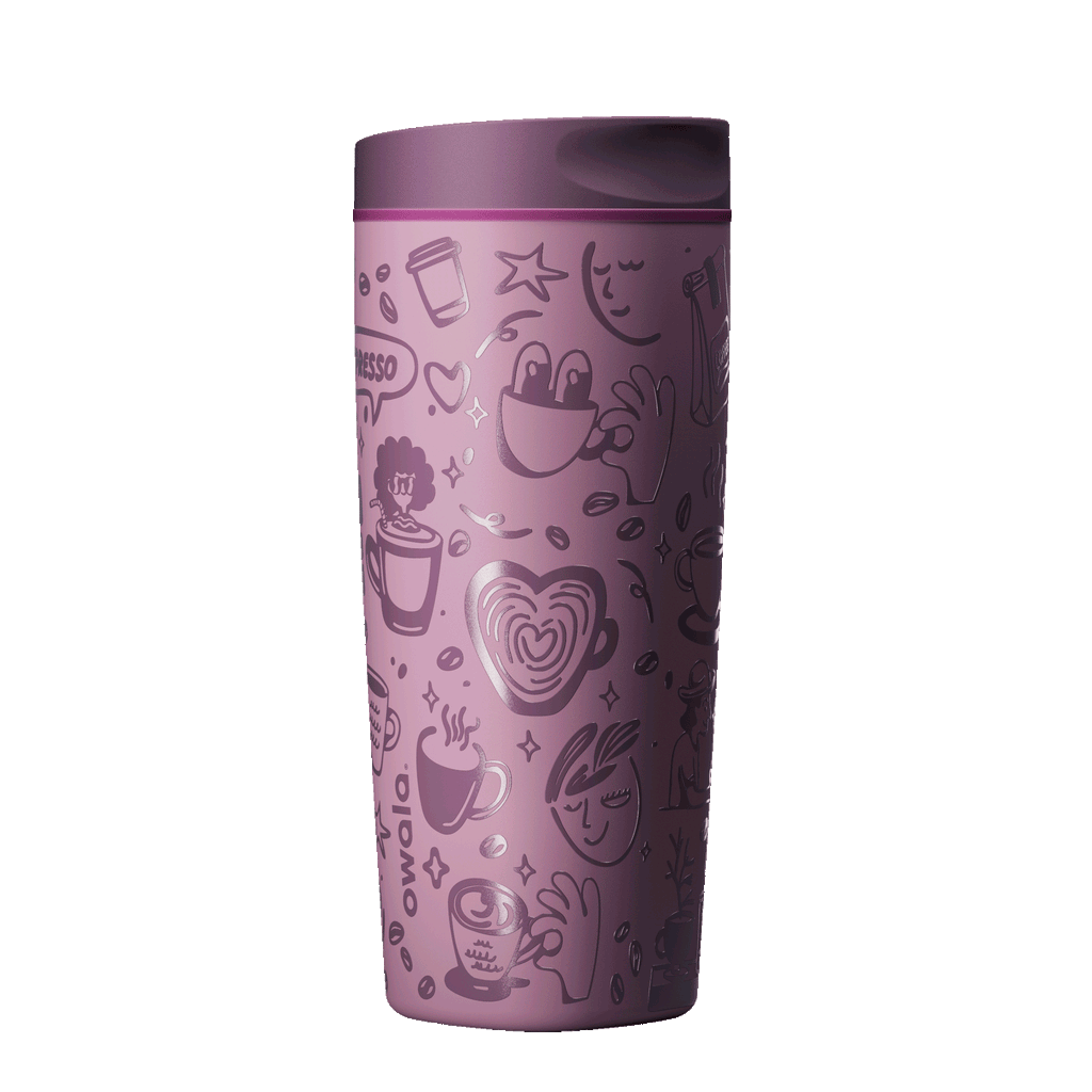 SmoothSip Slider 20oz top-down view, dark purple lid with mauve slider button slid open revealing the sip hole